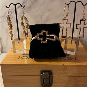 Gold and Pink Cross Earrings Set